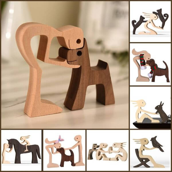 PUPPY FAMILY WOOD DOG CARVING ORNAMENT