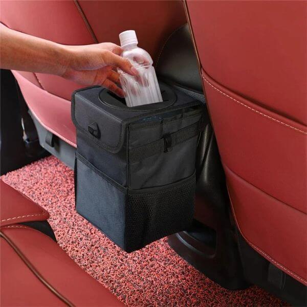 CAR TRASH CAN WITH LID AND STORAGE POCKETS