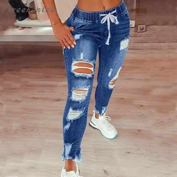 RIPPED HOLE DRAWSTRING JEANS