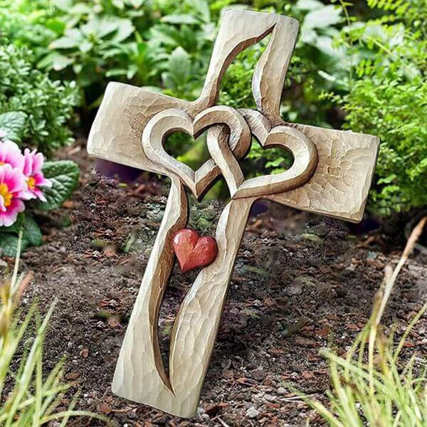 CARVED WOODEN INTERTWINED HEARTS CROSS