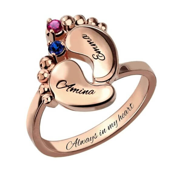 ENGRAVED BABY FEET RING WITH BIRTHSTONE