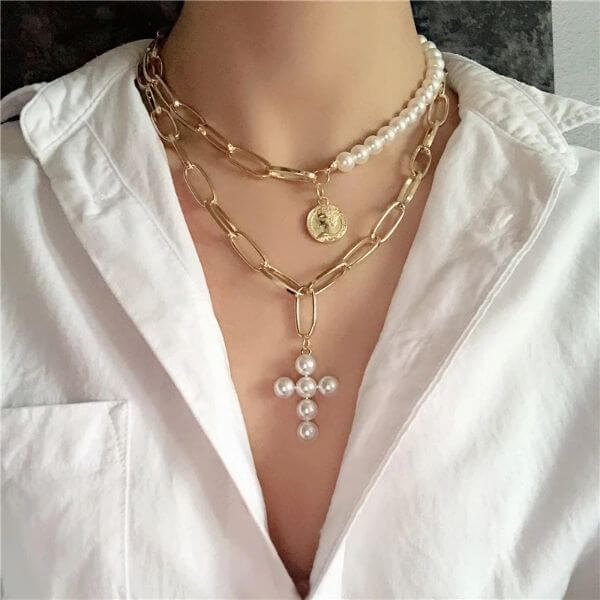 PEARL CROSS CHAIN NECKLACE SET