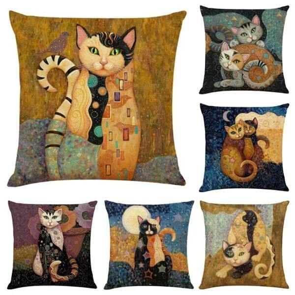 CAT PRINTED COTTON LINEN CUSHION COVER