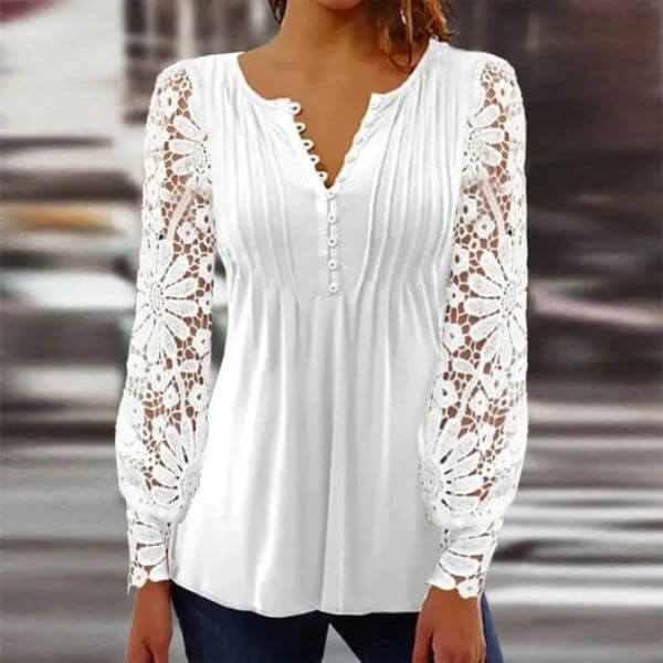 WHITE FLOWER GARDEN LACE SLEEVE TUNIC TOP