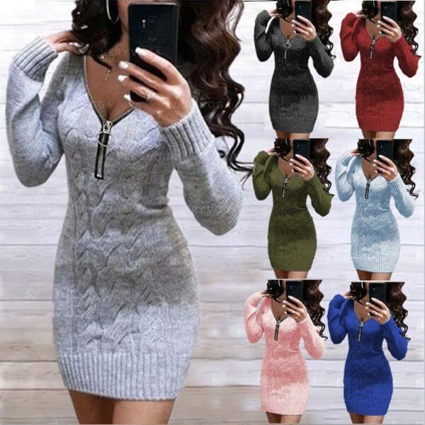 SOLID V-NECK SWEATER BODYCON DRESS