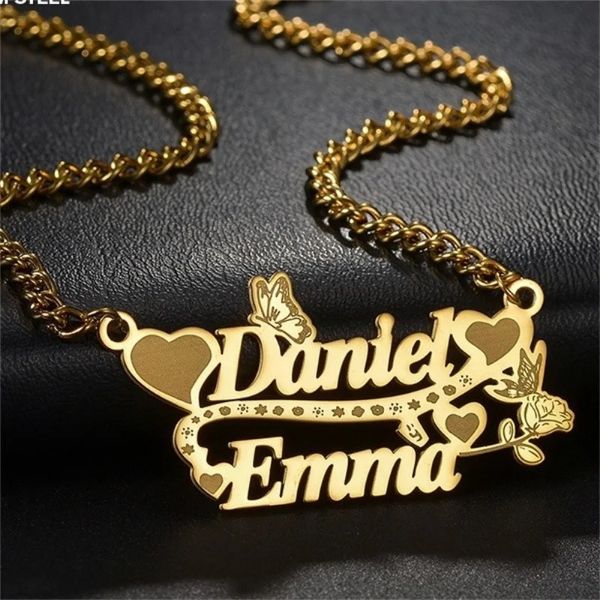 PERSONALIZED DOUBLE HEART COUPLE NAME NECKLACE