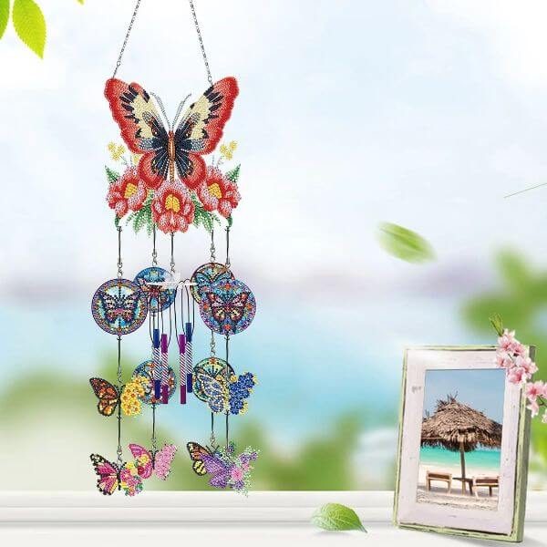 BUTTERFLY DOUBLE SIDE WIND CHIME DIAMOND ART HANGING PENDANT