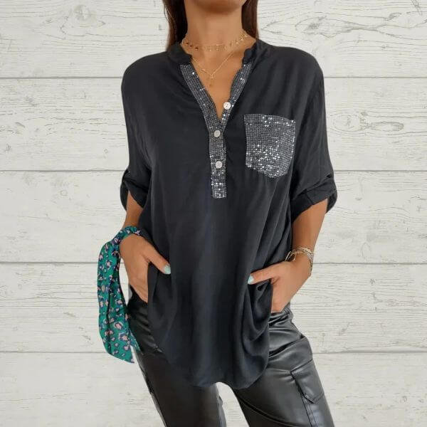 POLYESTER V-NECK SEQUIN MID-SLEEVE CASUAL TOP