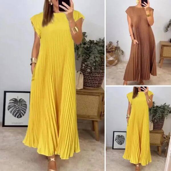 WOMEN PLEATED SIMPLE SOLID COLOR DRESS