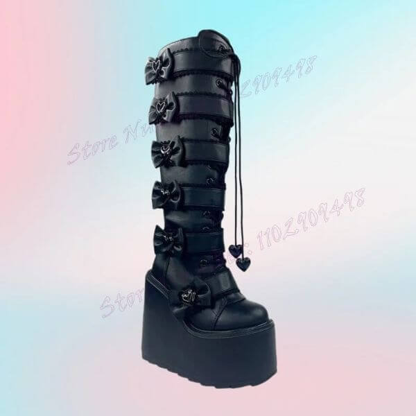 BLACK PLATFORM BOWKNOT HIGH BOOTS