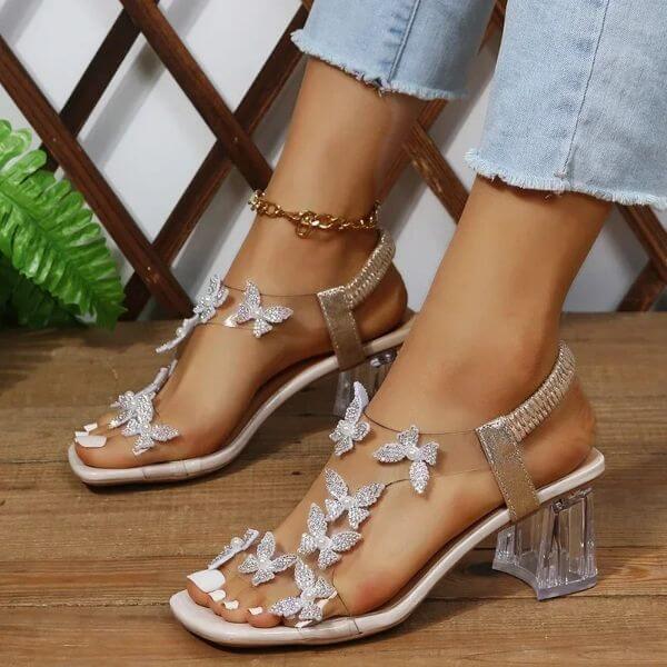 RHINESTONE FLORAL TRANSPARENT SANDALS